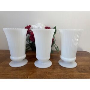 Vintage E.O. Brody Milk Glass Fluted Pedestal Vases Mid-Century White‎ Wedding